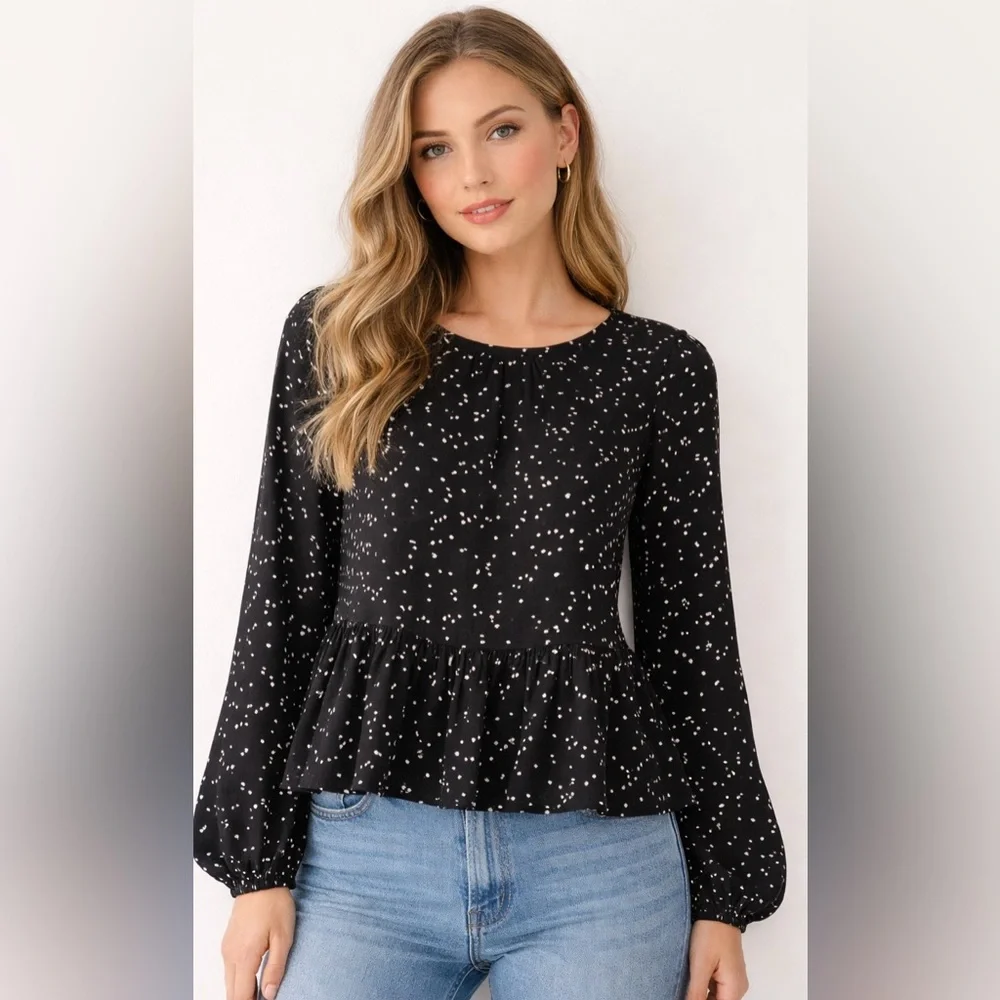 Maeve By Anthropologie Black White Abstract Dot Peplum Long Sleeved Blouse Small